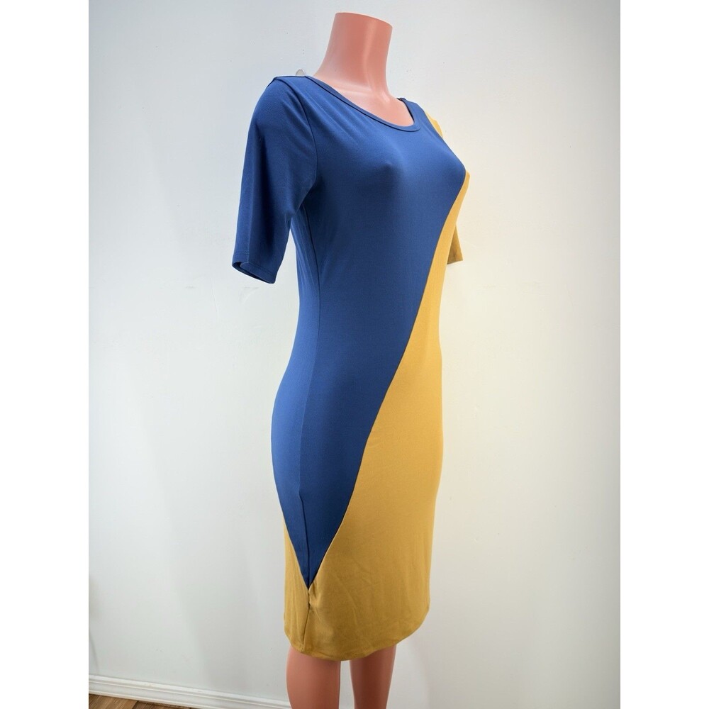 LuLaRoe Julia M Dress Bodycon Mustard Color Blue Stretch Knee Length Comfy Soft - Picture 5 of 13